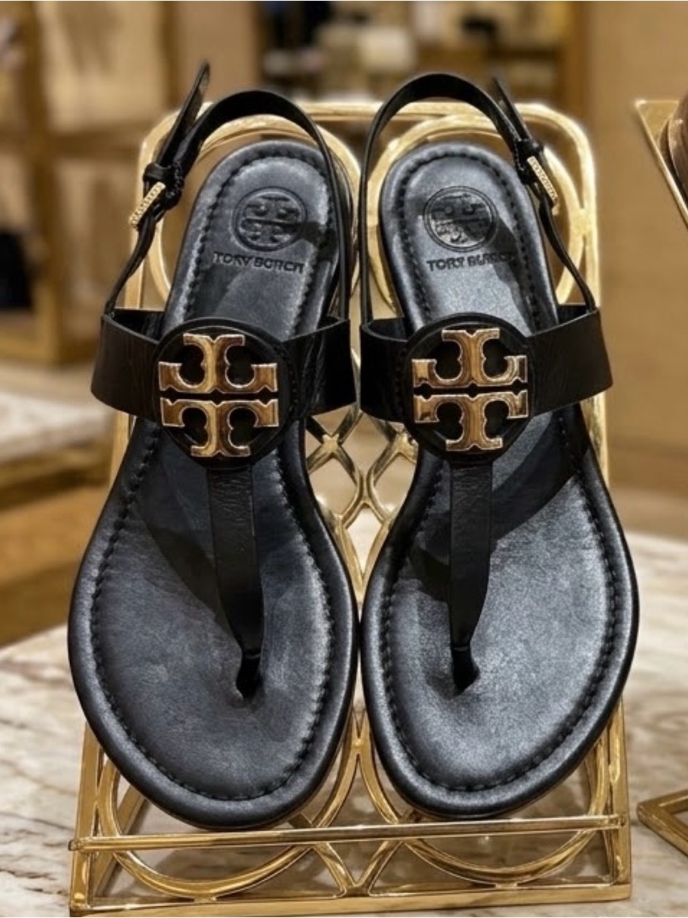 Tory Burch Black Leather Thong Sandals with Gold Logo Accent